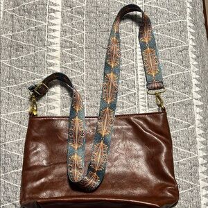 Brown Leather Shoulder Bag with Patterned Strap